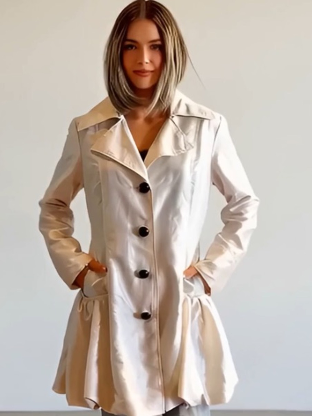 ☕️ Coffee Shop White Metallic Drop Waist Ruffle Trench Coat Jacket Size Large